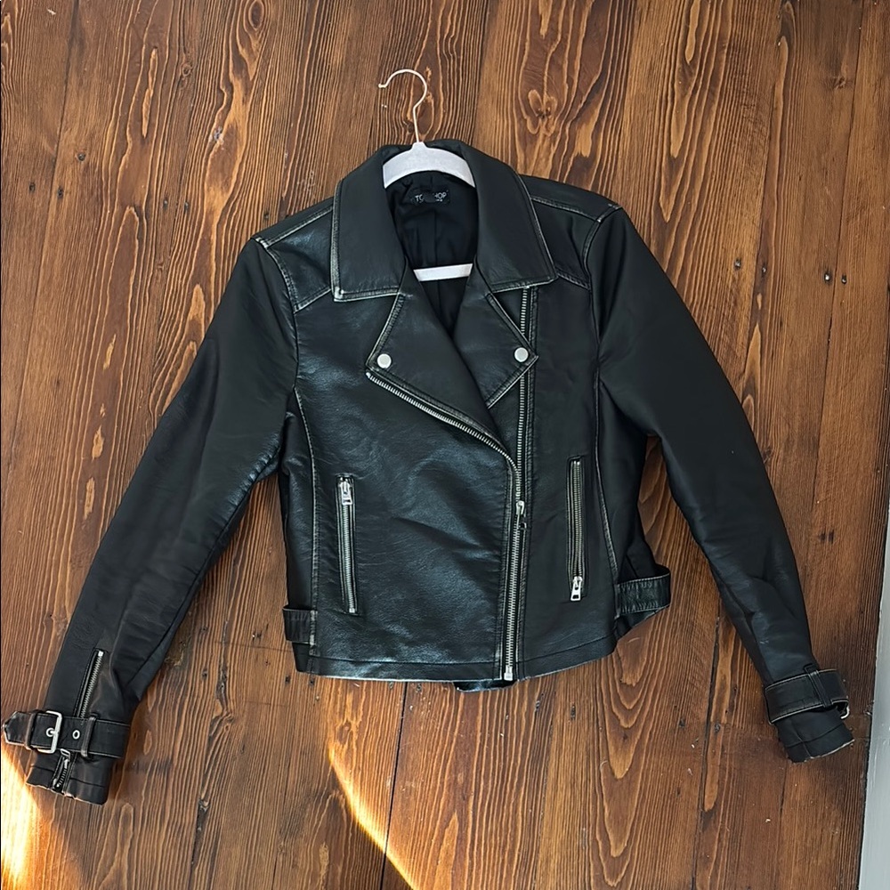Topshop Black Leather Moto Jacket Asymmetrical Zipper